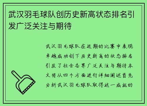 武汉羽毛球队创历史新高状态排名引发广泛关注与期待